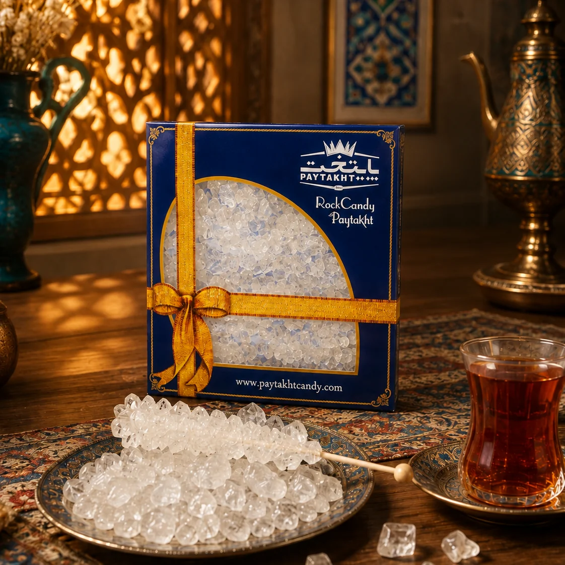 Een geschenkdoos Paytakht suikerkandy met een schaal nabat-kristallen en een glas thee