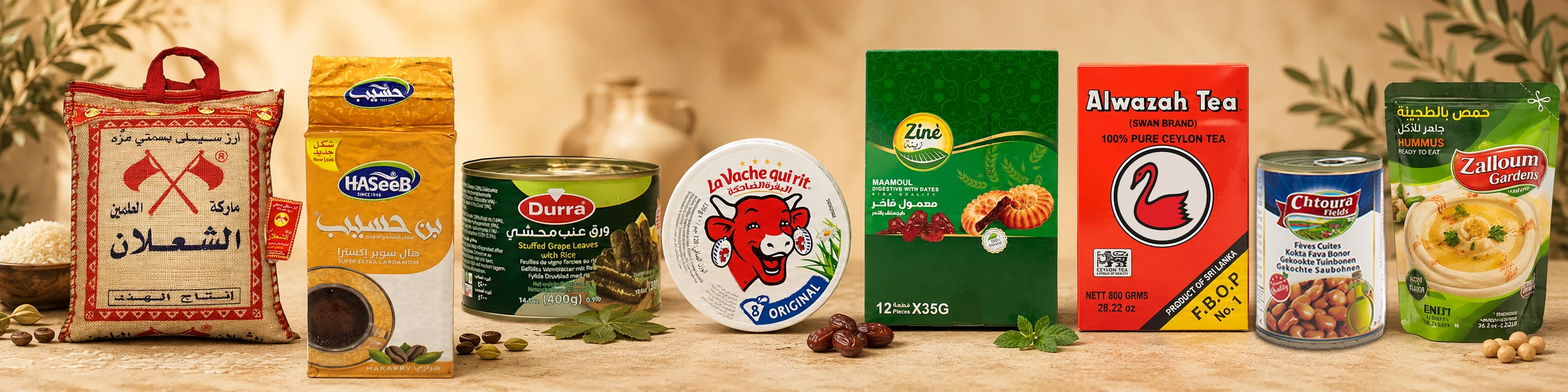 Een greep uit het assortiment van All4Trade: basmati, koffie, wijnbladeren, smeerkaas, maamoul, thee, tuinbonen en kant-en-klare hummus