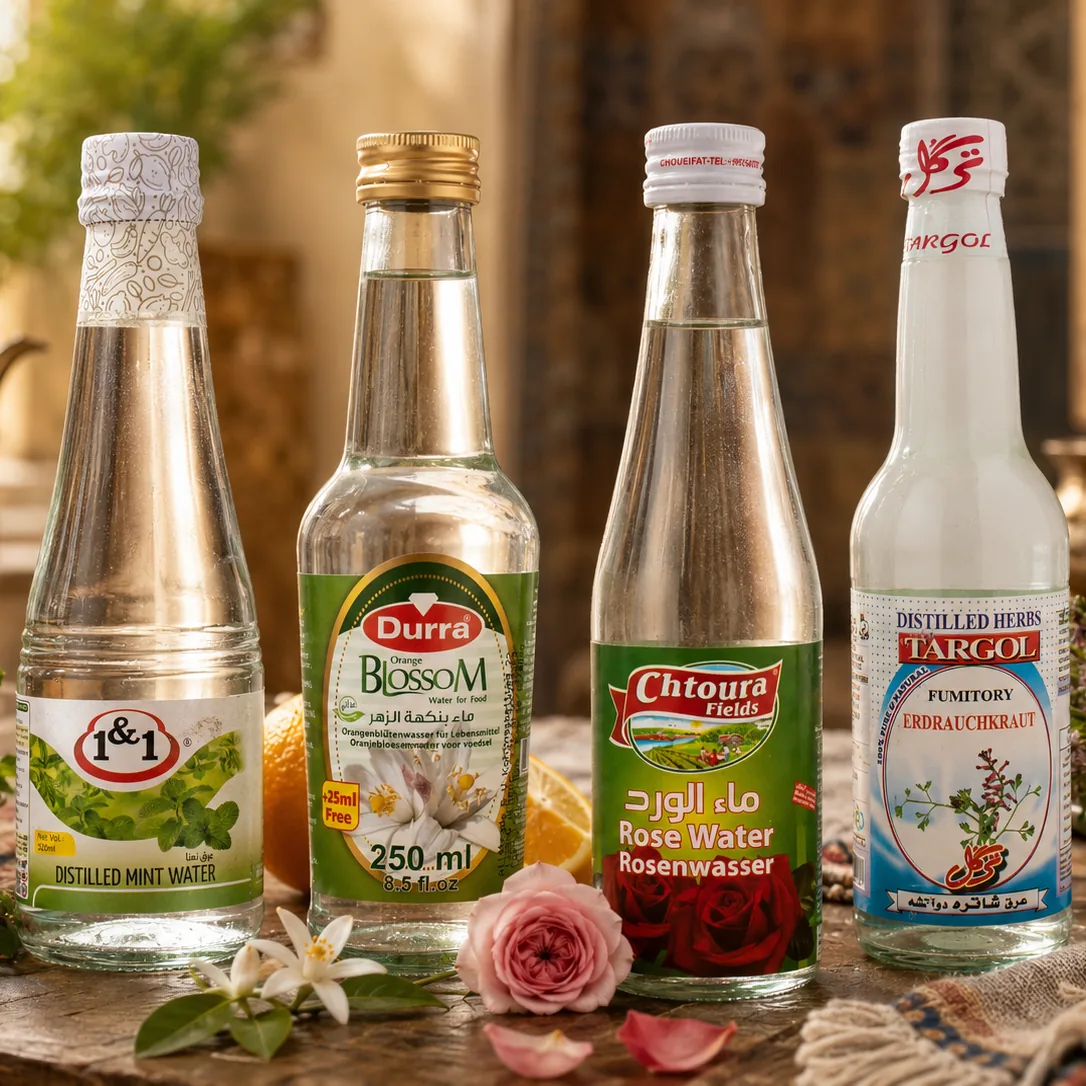Flessen rozenwater, muntwater en kruidenazijn van Durra, Chtoura Fields en Targol op een gedekte tafel