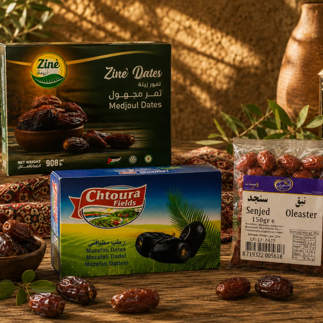 Medjoul dadels van Zinè, dadels van Chtoura Fields en gedroogde senjed in warm licht