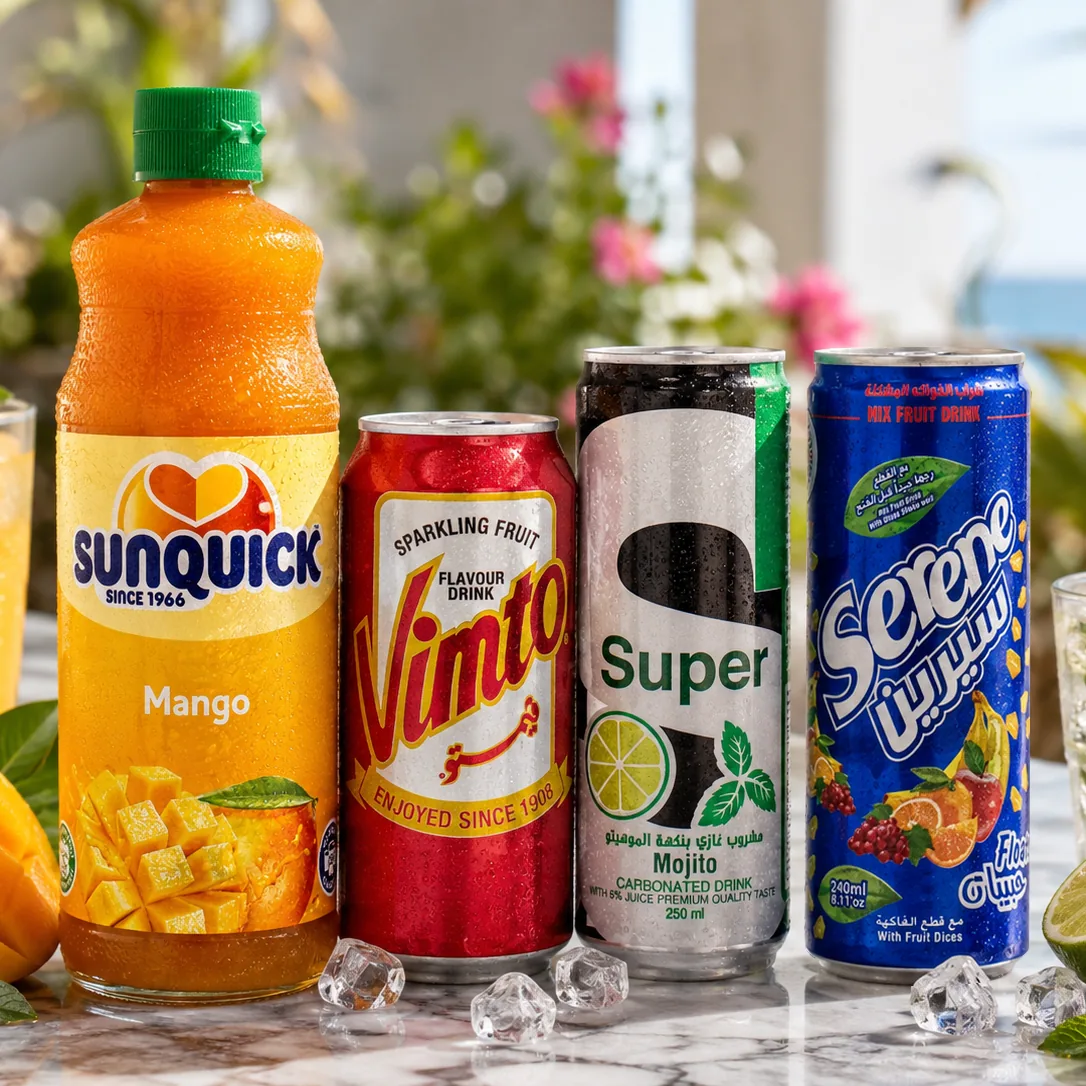 Sunquick mango, Vimto, Super en Serene naast glazen met ijs en vers fruit