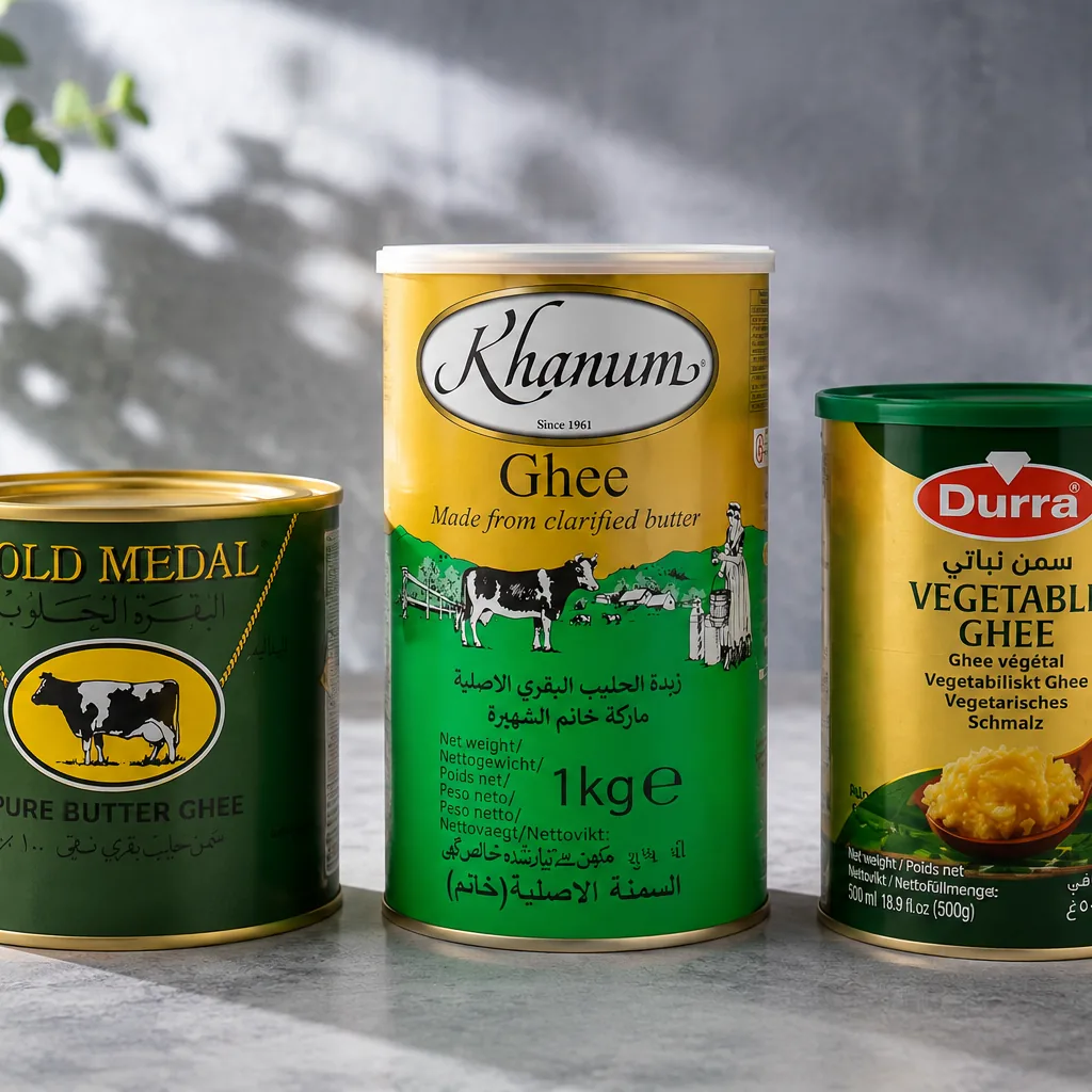 Blikken ghee van Gold Medal, Khanum en Durra op een lichte keukentafel