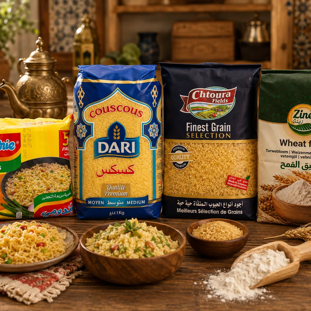 Indomie noedels, Dari couscous, bulgur van Chtoura Fields en tarwebloem van Zinè met opgemaakte schalen