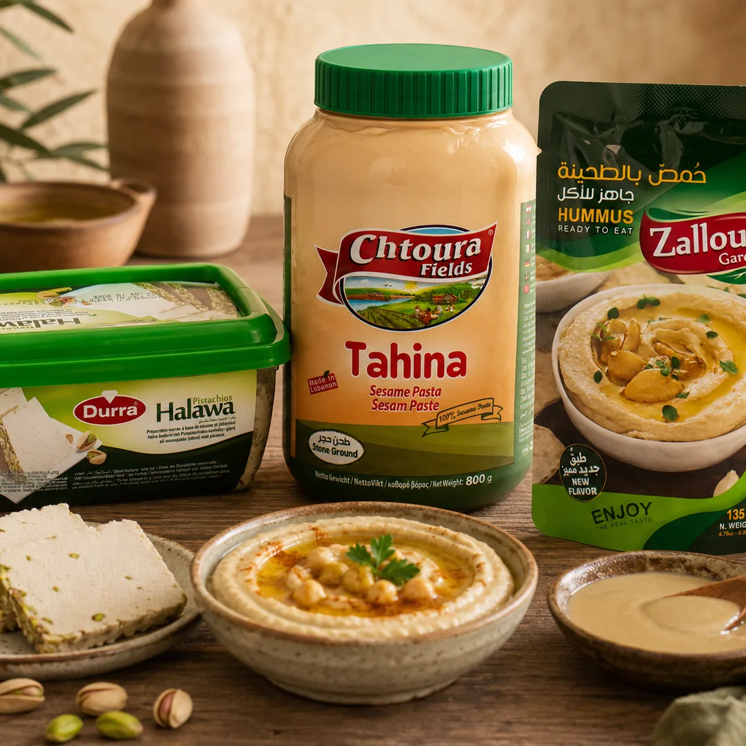 Halawa van Durra, tahina van Chtoura Fields en kant-en-klare hummus van Zalloum Gardens rond een schaal hummus