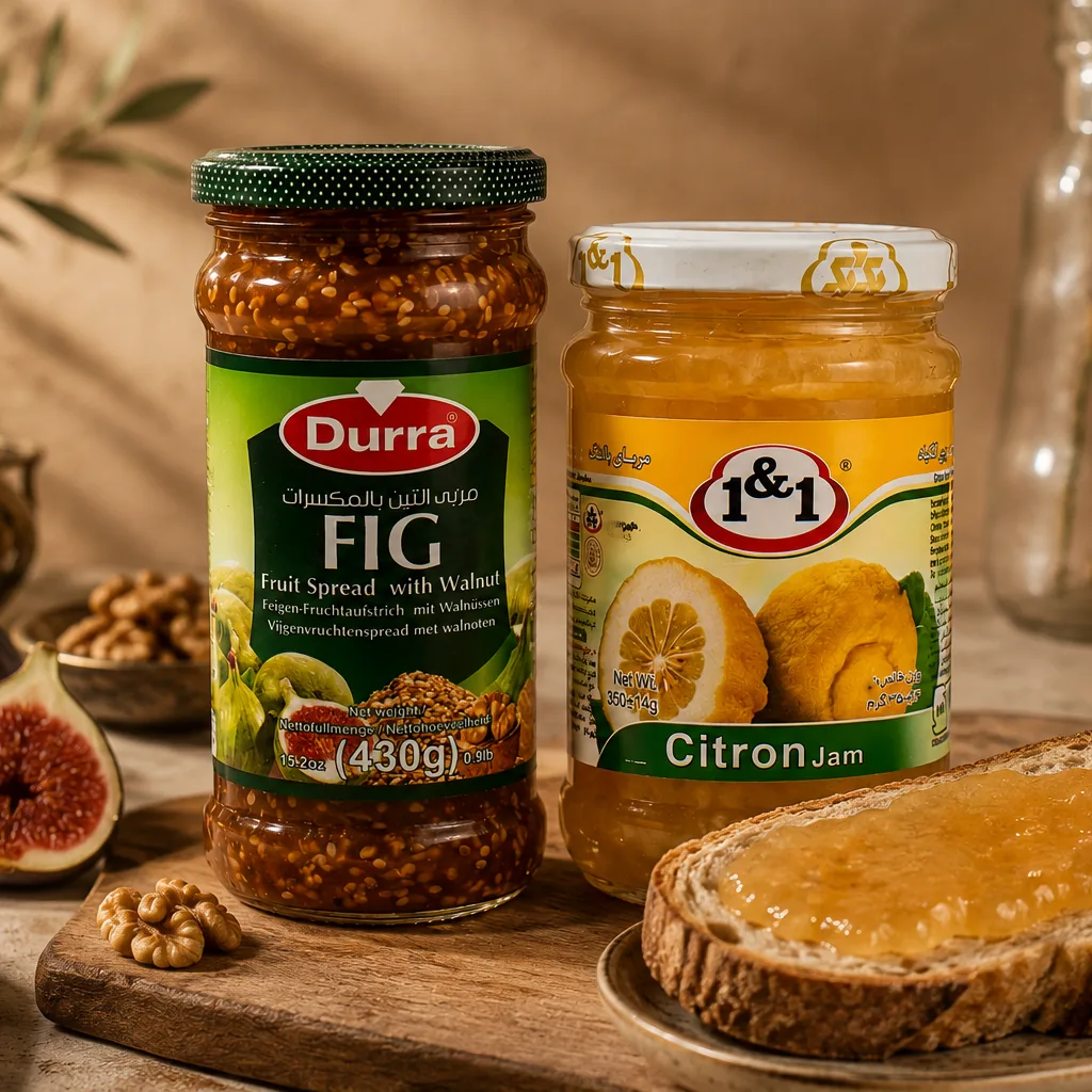 Vijgenjam van Durra en citroenjam naast een dik besmeerde snee brood