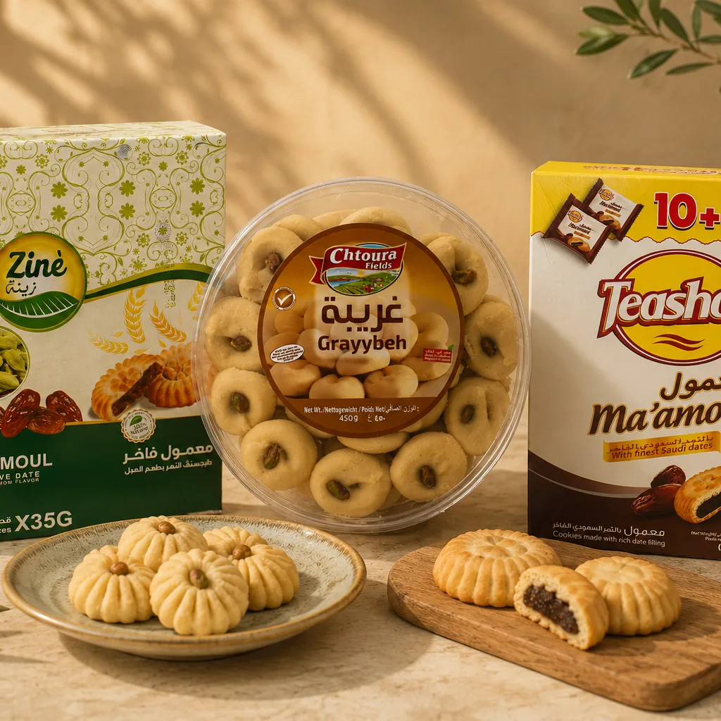 Maamoul van Zinè, graybeh van Chtoura Fields en maamoul van Teashop met koekjes op een schaal
