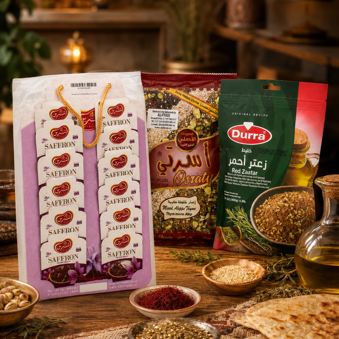Saffraan met za'atar van Ossraty en rode za'atar van Durra in schaaltjes