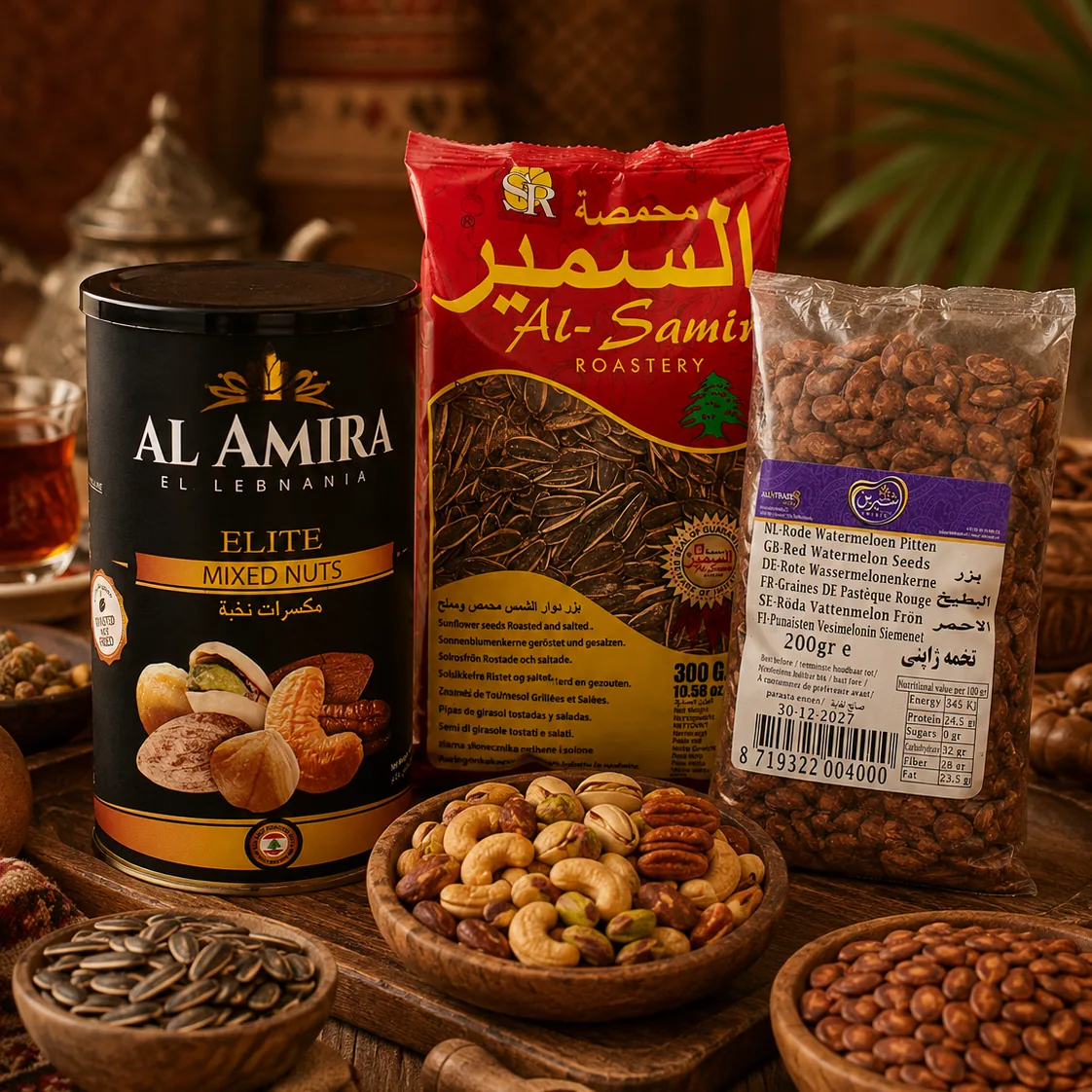 Elite notenmix van Al Amira, geroosterde zonnebloempitten van Al Samir en rode watermeloenpitten van Aftab Shirin, met schalen vol gemengde noten, pompoenpitten en geroosterde kikkererwten