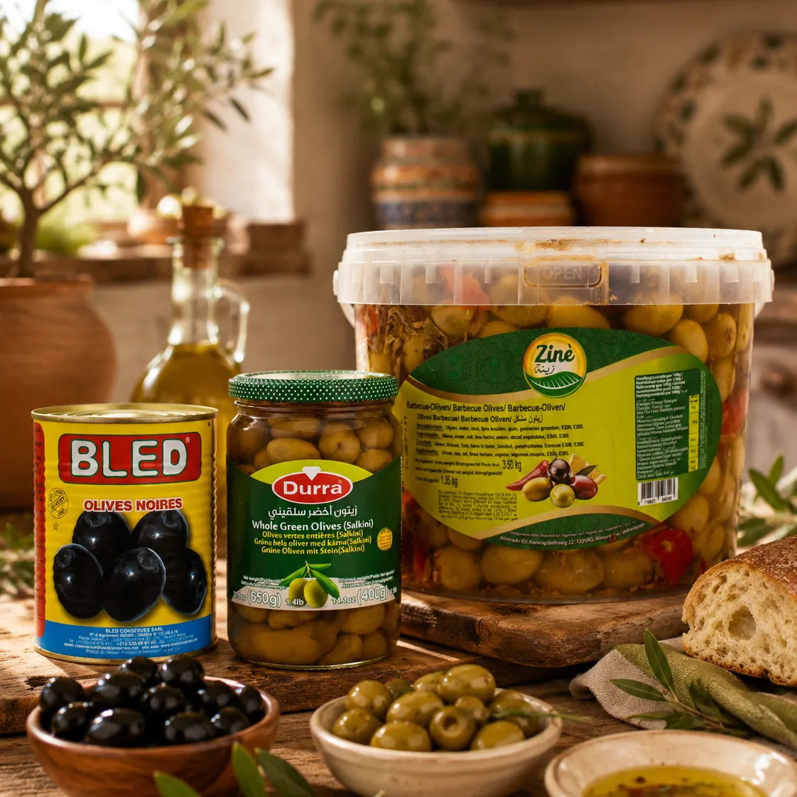 Zwarte olijven van Bled, groene Salkini-olijven van Durra en een emmer BBQ-olijven van Zinè, met schaaltjes groene en zwarte olijven