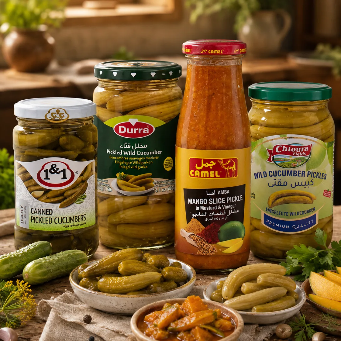 Ingelegde komkommer, mangopickle en wilde komkommer van Durra, Chtoura Fields en Camel