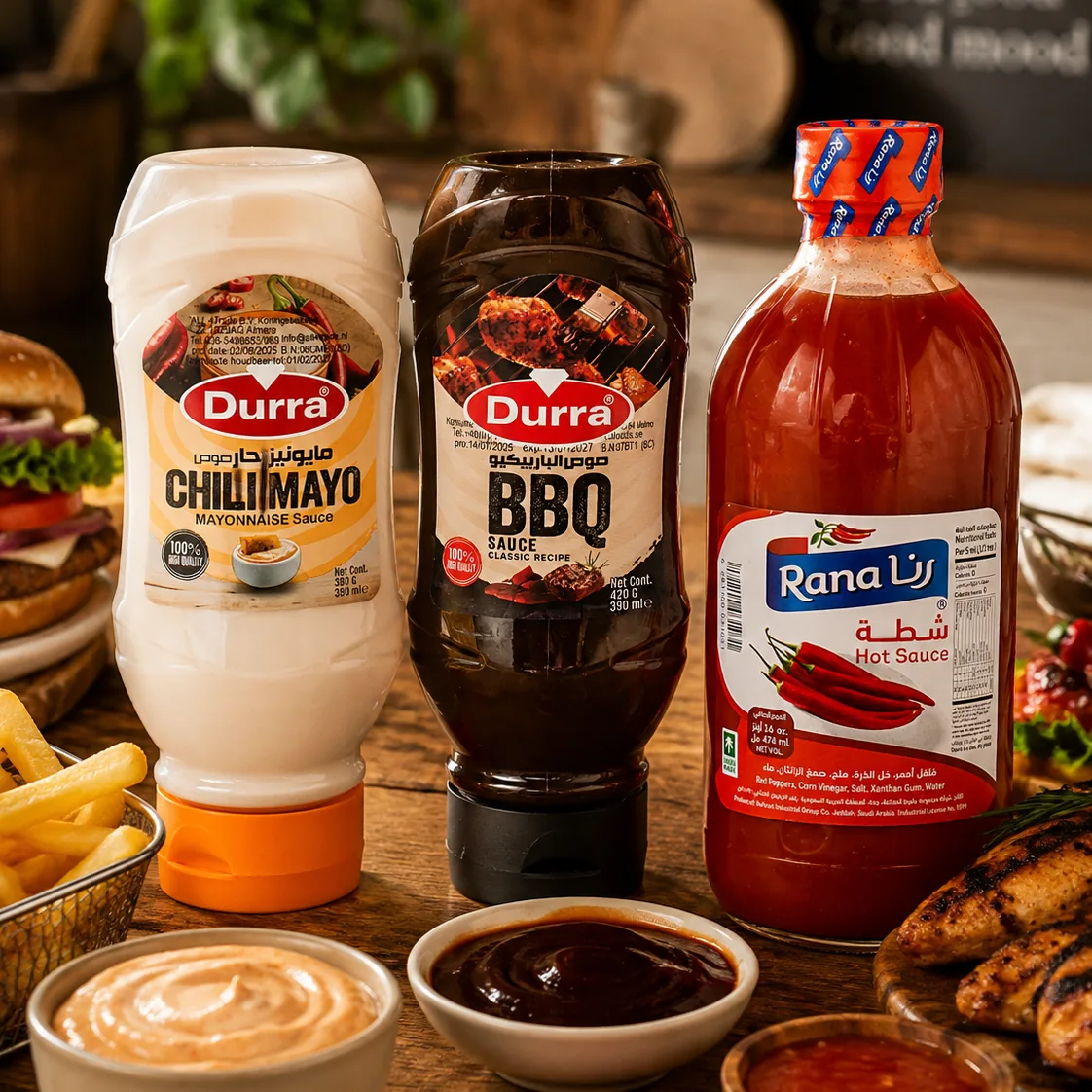 Chilimayonaise en barbecuesaus van Durra en hot sauce van Rana met gevulde dipschaaltjes
