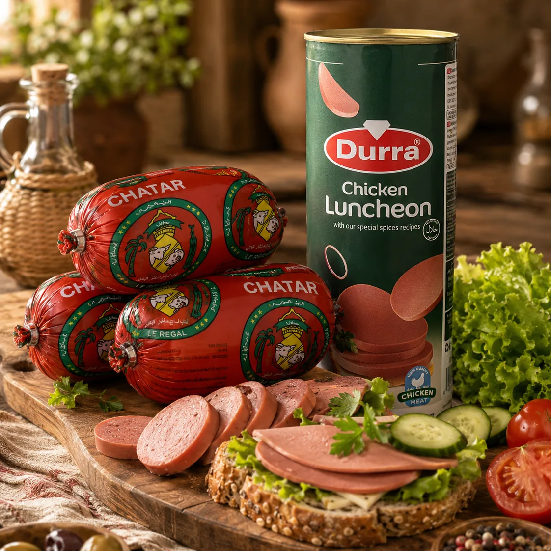 Worst van Chatar en luncheon meat van Durra met een belegde boterham