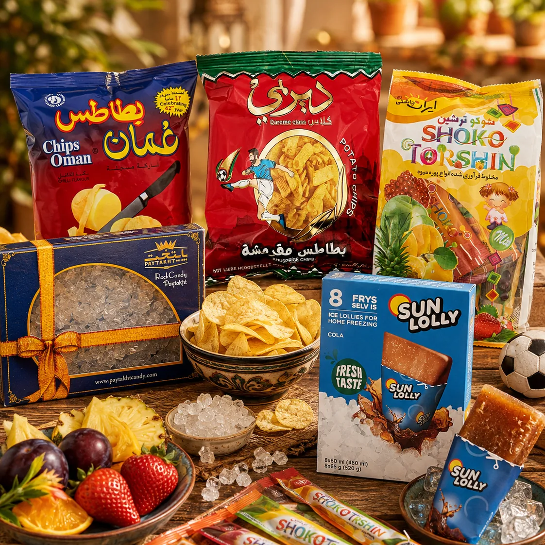 Chips Oman, Shoko Torshin, kandij van Paytakht en waterijs van Sun Lolly met vers fruit