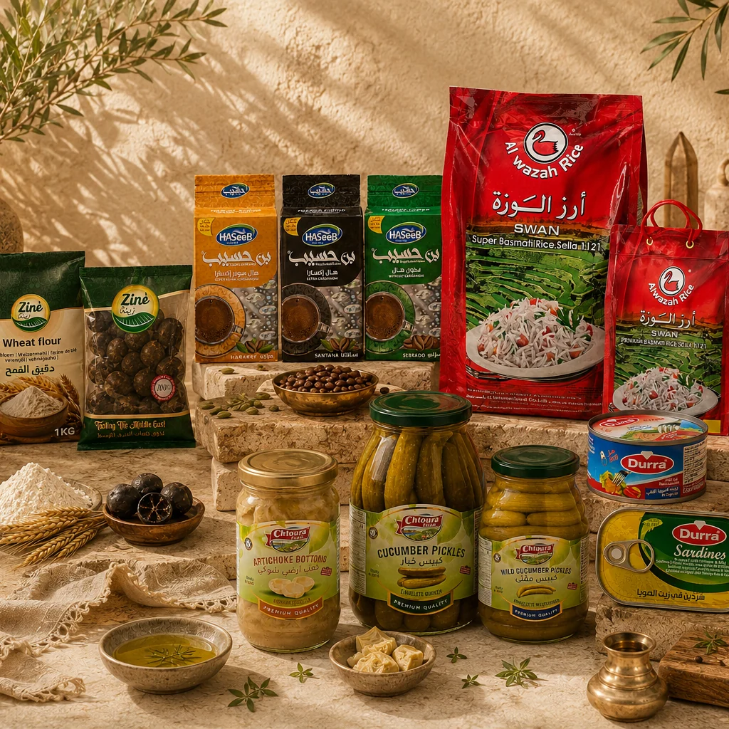Een greep uit het assortiment van All4Trade: rijst, conserven, pickles, olijven, dadels en specerijen