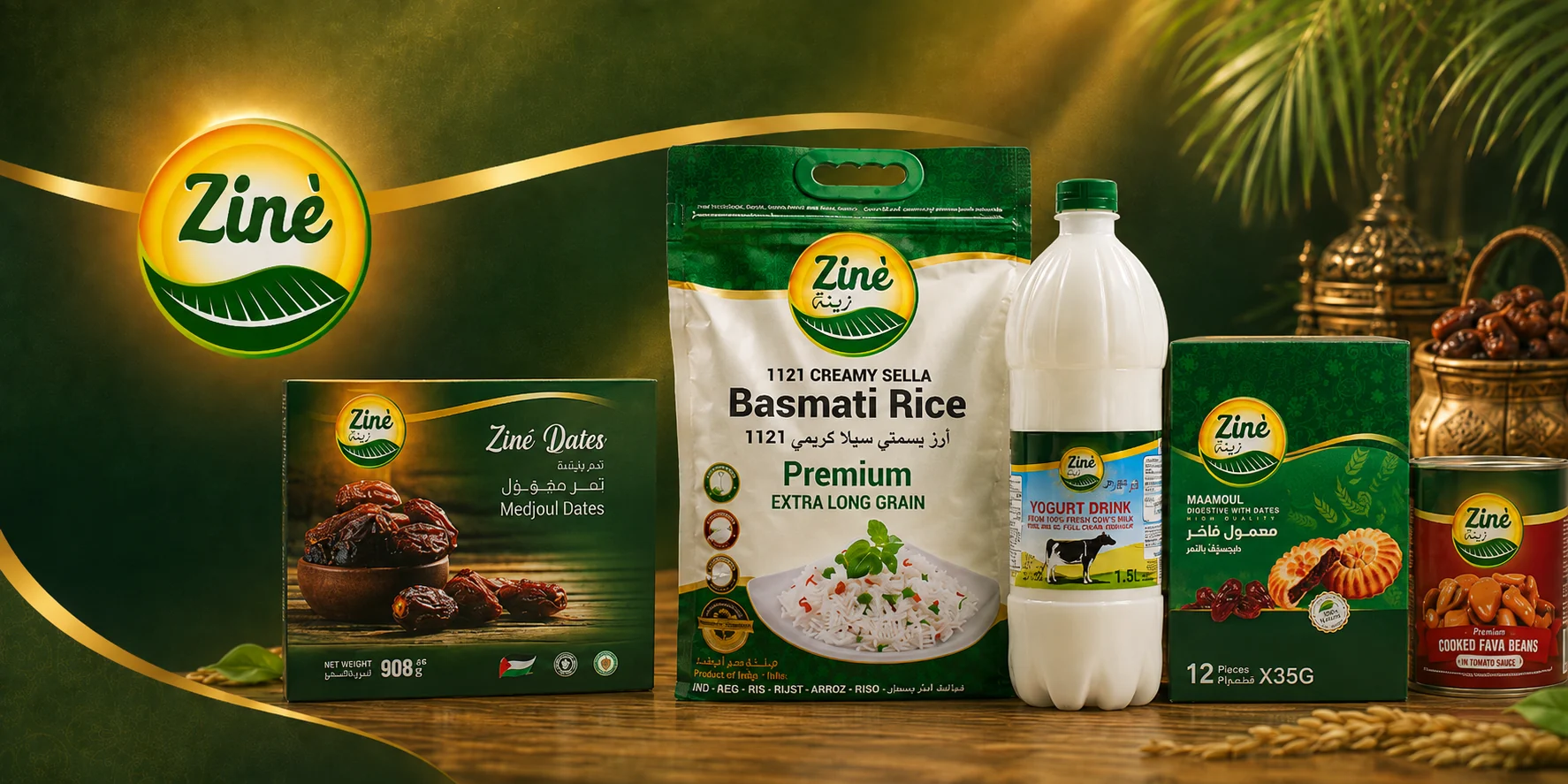 Het assortiment van Zin&egrave;: Medjoul dadels, basmati rijst, yoghurtdrank, maamoul met dadelvulling en gekookte tuinbonen