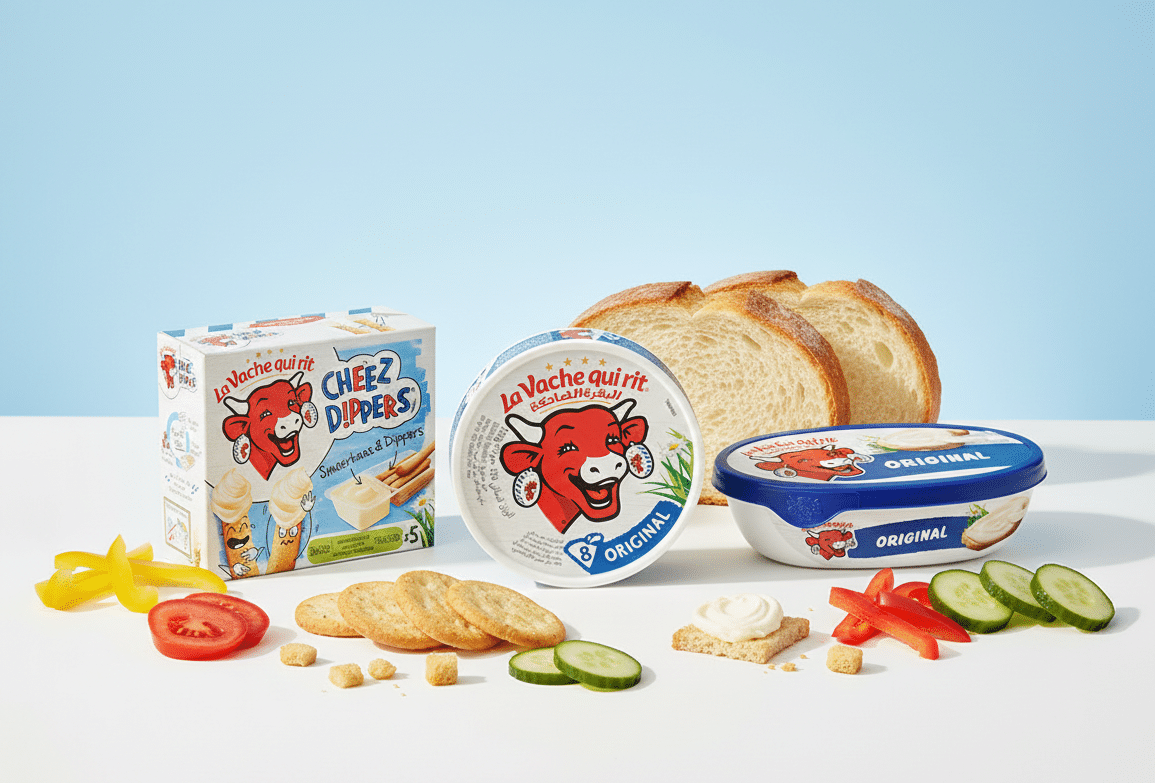 La Vache qui rit originele smeerkaas verpakking, Cheez Dippers box en bakje met blauwe deksel, uitgestald met brood, crackers en groenten op witte achtergrond