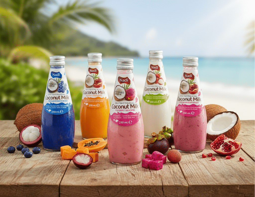 Nadi kokosmelk netjes opgesteld, erg verfrissend en lekker