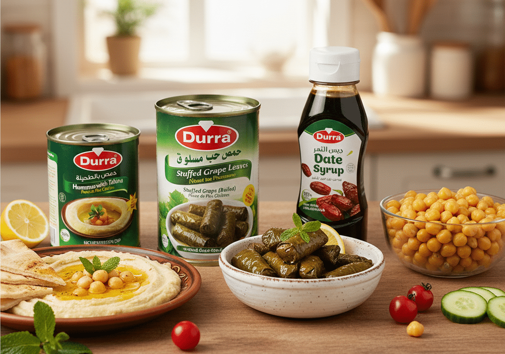 Een sfeervolle productpresentatie van het merk Durra op een rustieke houten tafel. De afbeelding toont diverse glazen potten met ingemaakte groenten, augurken en een schaaltje romige hummus versierd met olijfolie en kruiden. Op de achtergrond liggen verse ingrediënten zoals olijven, paprika en kikkererwten. De setting straalt de authentieke keuken van het Midden-Oosten