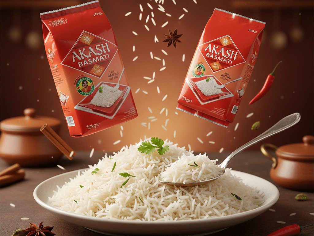 Een sfeervolle presentatie van Akash Basmati rijstverpakkingen (1kg en 10kg) met een bord dampende witte rijst en zwevende specerijen tegen een luxe rode achtergrond.