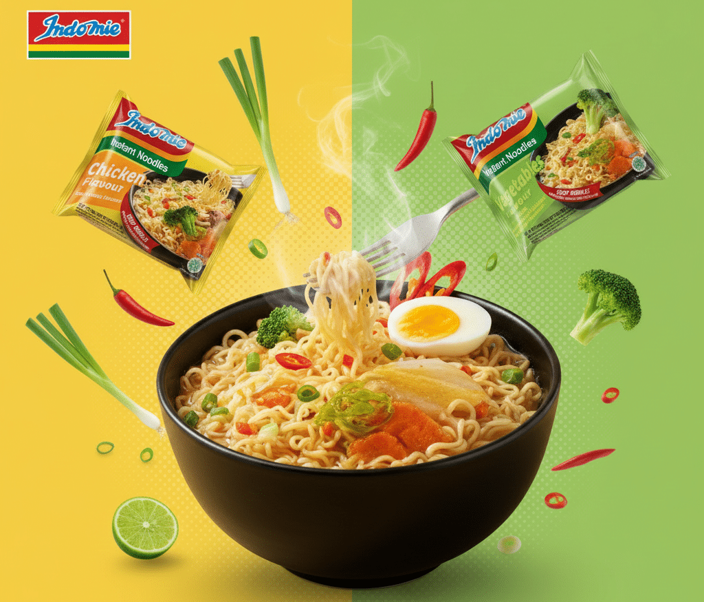 Een speelse en kleurrijke compositie van Indomie Chicken en Vegetable instant noodles met een dampende kom noedels, verse ingrediënten zoals ei en groenten, tegen een geel-groene achtergrond.