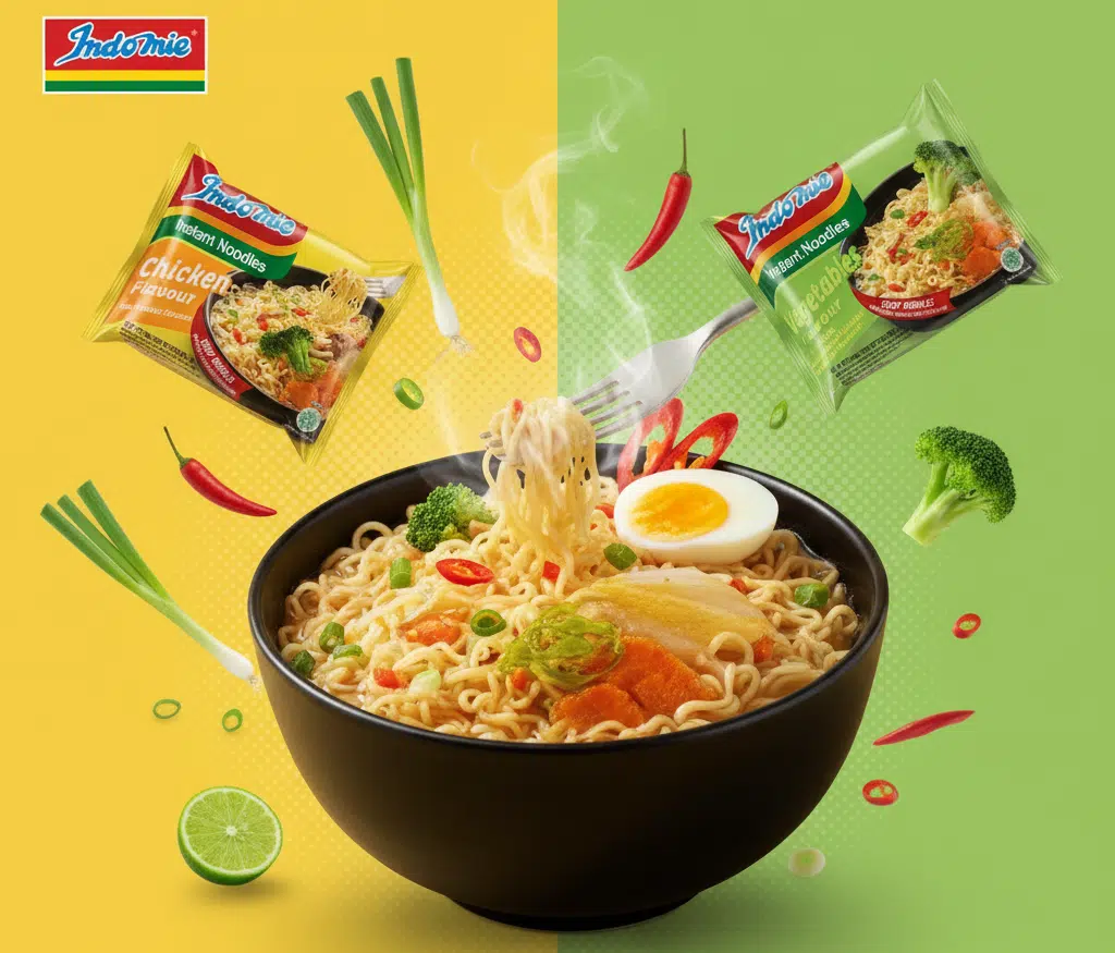 Een speelse en kleurrijke compositie van Indomie Chicken en Vegetable instant noodles met een dampende kom noedels, verse ingrediënten zoals ei en groenten, tegen een geel-groene achtergrond.